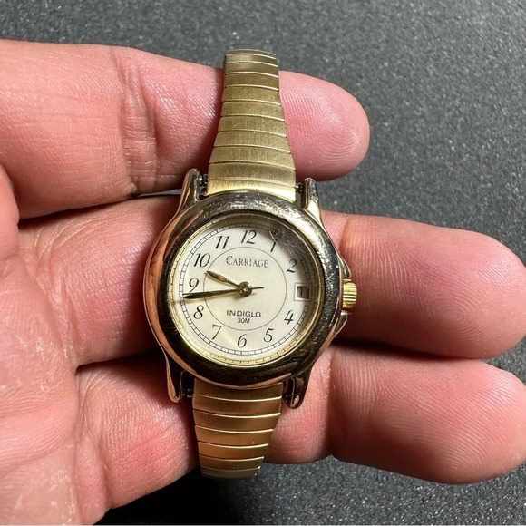 Carriage Indiglo Date Just Ladies Quartz Watch Gold Tone Stretch Band Working - Picture 1 of 10